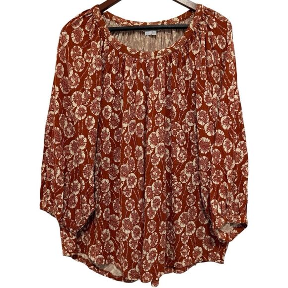 Boden 3/4 Sleeve Blouse Rust & Cream Floral Curved Hem US Size 18 - Picture 1 of 7